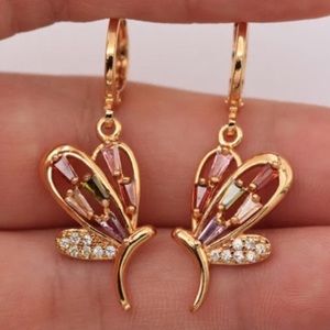18K Gold Filled Hollow Rectangle Gemstones Butterfly Shape Dangle Earrings